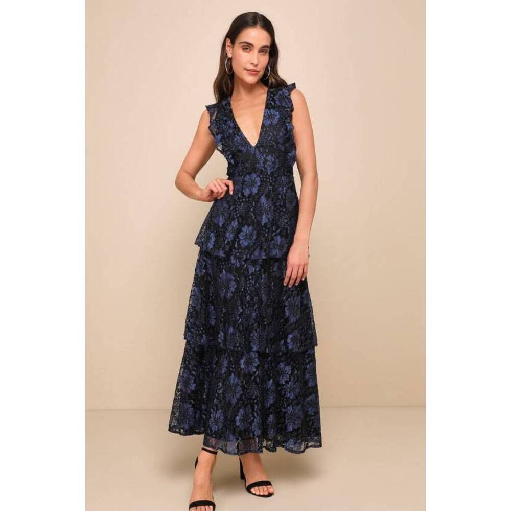 Lulus Molinetto Navy Blue Lace Ruffled Tiered Sleeveless Maxi Dress - Size S